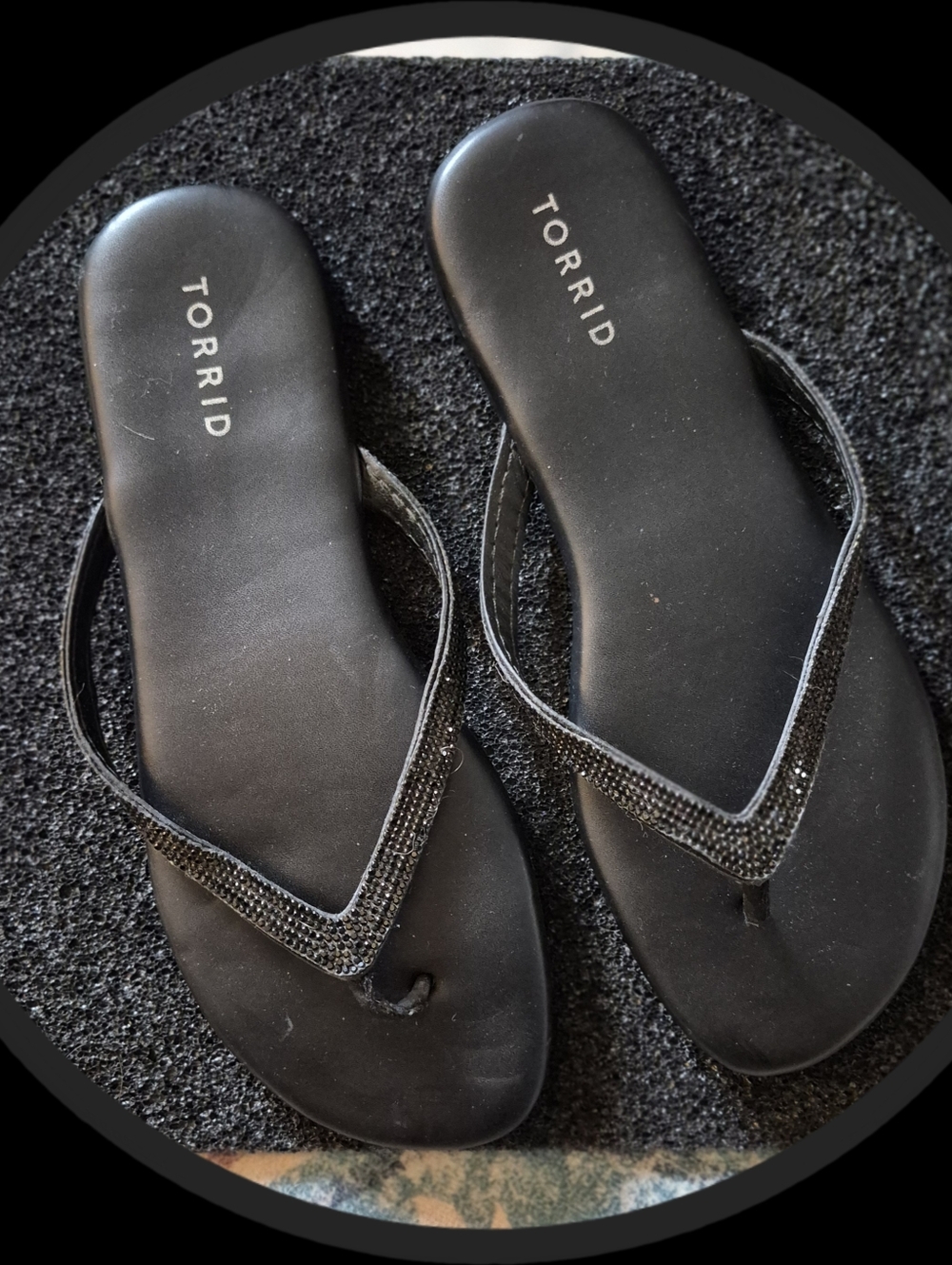 Torrid Black Faux Leather Rhinestone Flat Thong/Flip Flop   Wide Width Sandals
